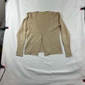 Sigrid Olsen Beaded Flower Pointelle Stitch V-Neck Tan Cardigan Sweater